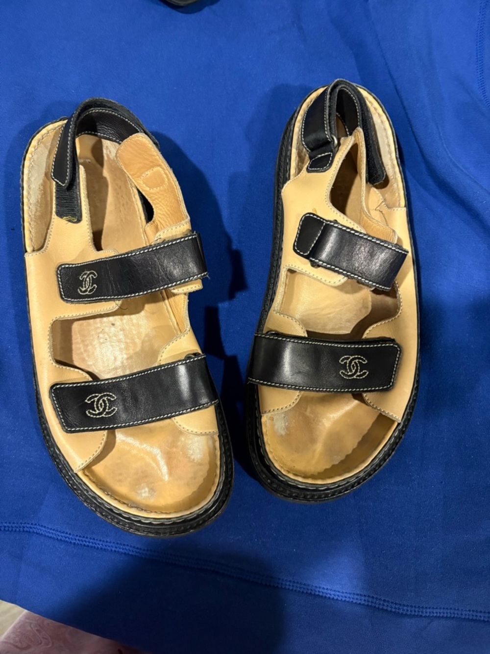 CHANEL Black & Tan Leather Double-Strap unisex  Sandals